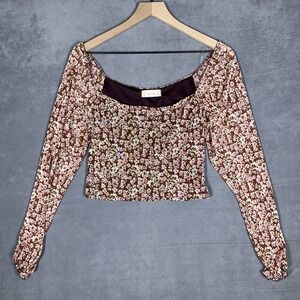 Altar'd State Floral Mesh Crop Top Women's‎ L Brown Pink Long Sleeve Romantic